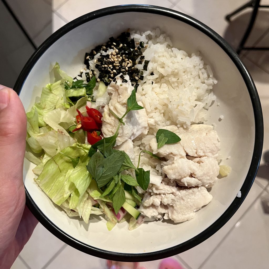 Thai basil with lettuce and poached fish and rice