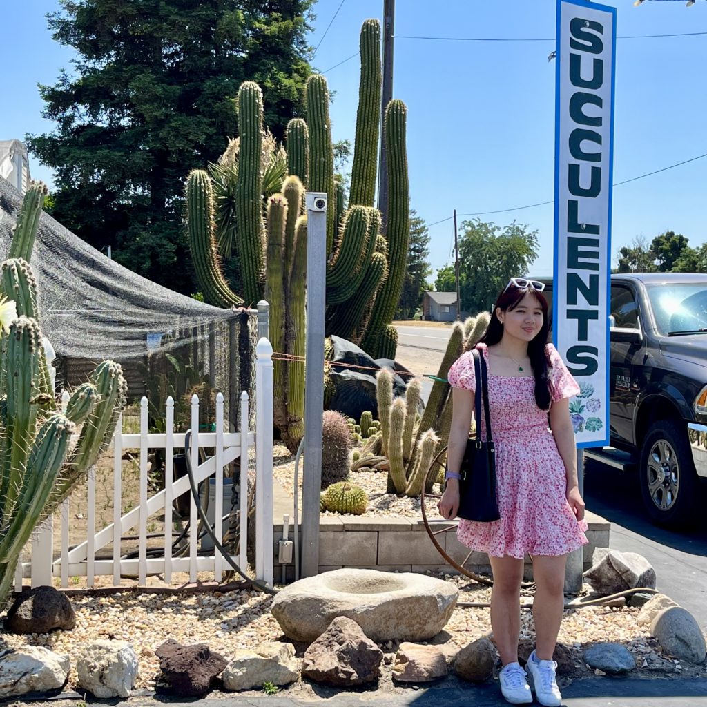 Woman in pink floral dress and white sneakers next to a succulents sign and actual cacti